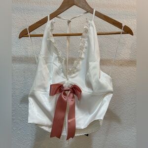 Pretty Damage Ivory Satin Ruffle Halter Top